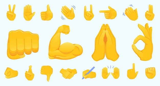 Vetor coleção de ícones de emojis de gesto de mão. aperto de mão, bíceps, aplauso, polegar, paz, rock on, ok, pasta