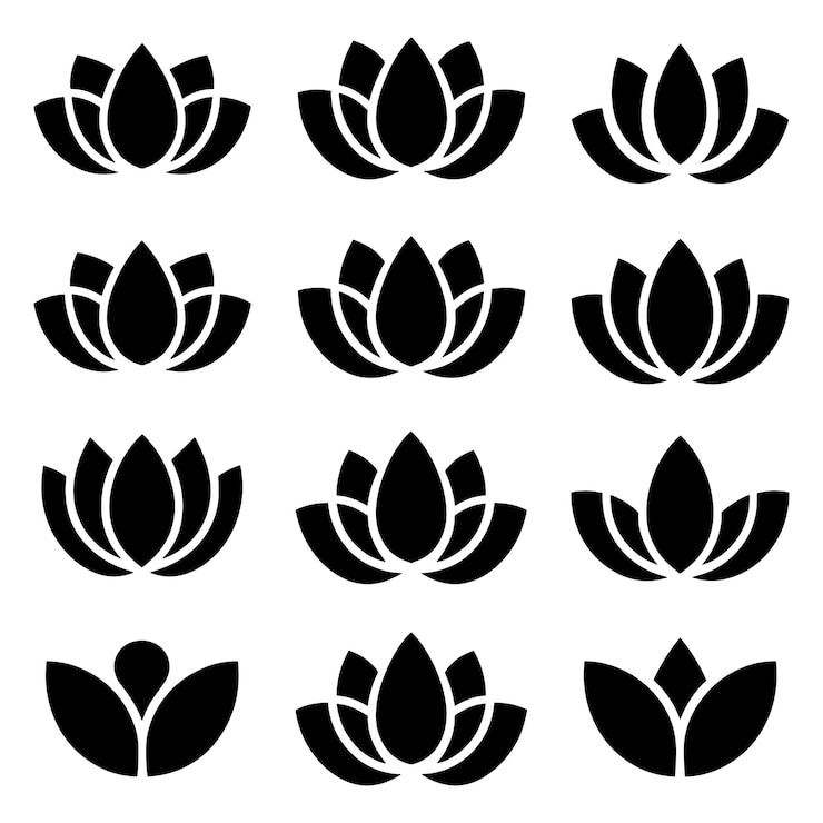 Coleção de ícones de flores de lótus em preto e branco