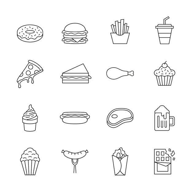 Coleção de ícones de junk food com traços editáveis