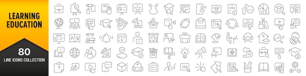 Coleção de ícones de linha de aprendizado e educação grande ícone de interface do usuário definido em um design plano pacote de ícones de contorno fino ilustração vetorial eps10