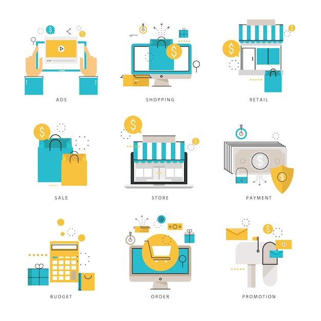 Coleção de ícones de linha plana infographic para compras on-line, comércio eletrônico, loja on-line, pagamento, varejo, venda, promoção e ilustração vetorial de anúncios. ícones de linha definidos. elementos gráficos gráficos de design plano