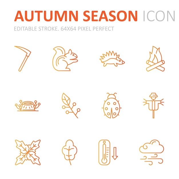 Vetor coleção de ícones de linha relacionados à estação de outono estilo gradiente 64x64 pixels traço perfeito editável