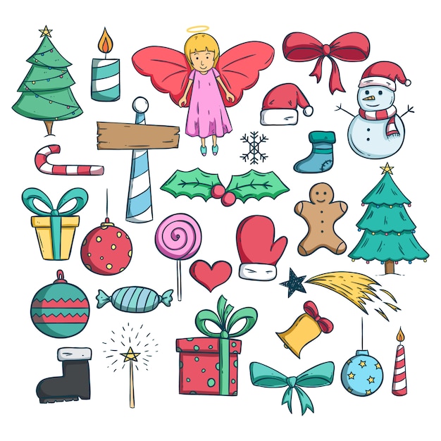 Coleção de ícones de natal ou elementos com estilo doodle