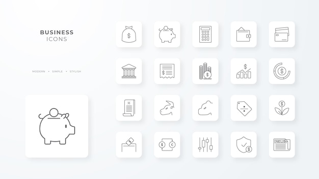 Coleção de ícones de negócios com estilo de contorno preto, dinheiro, tecnologia, finanças, ideia, estratégia, gerenciamento de trabalho em equipe, ilustração vetorial