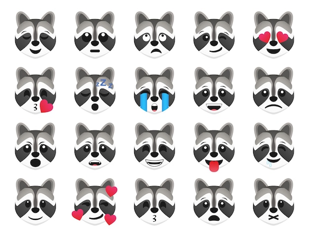 Coleção de ícones de sorriso de emoticon de guaxinim. conjunto de emoji de guaxinim dos desenhos animados. conjunto de emoticons vetoriais