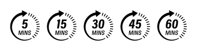 Coleção de ícones de temporizador de minutos com vetor de 5 minutos 15 minutos 30 minutos 45 minutos e 60 minutos