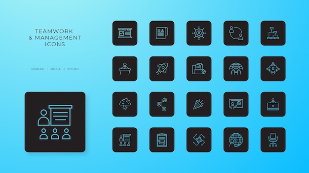 Vetor coleção de ícones de trabalho em equipe e gerenciamento com linha preta preenchida gerente de parceria de equipe organização discussão comunicação ilustração vetorial corporativa