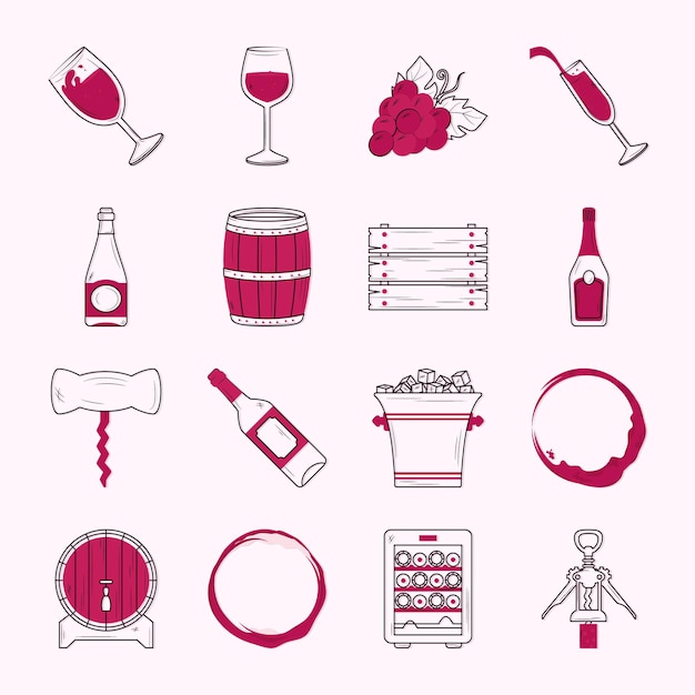Vetor coleção de ícones de vinho no fundo
