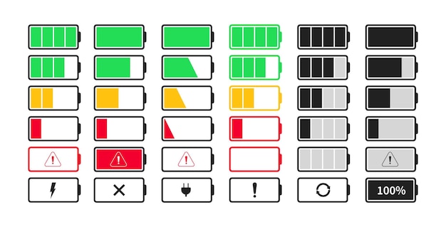 coleção de ícones do indicador de carga da bateria. Defina o ícone de energia da bateria do nível de carga.