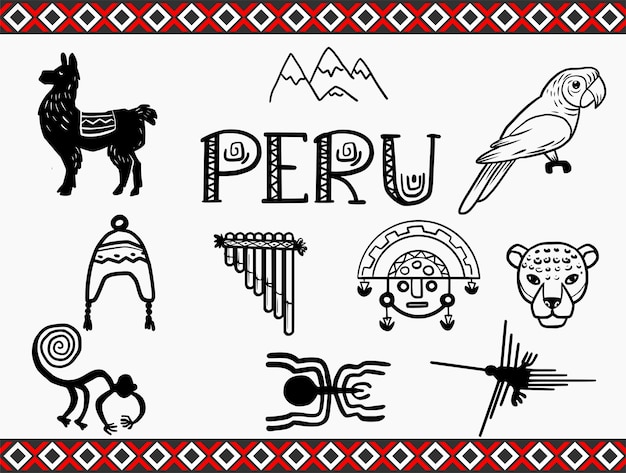 Vetor coleção de ícones do peru itens de cultura andina comida e linhas de nazca