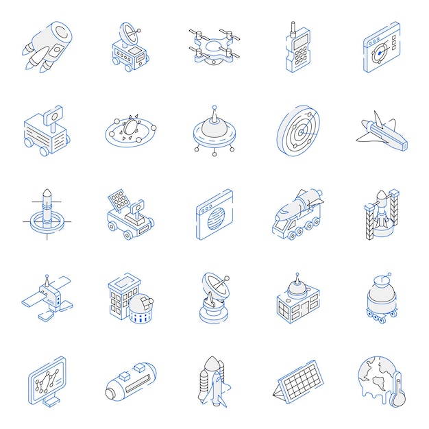 Coleção de ícones isométricos de contorno de astronomia