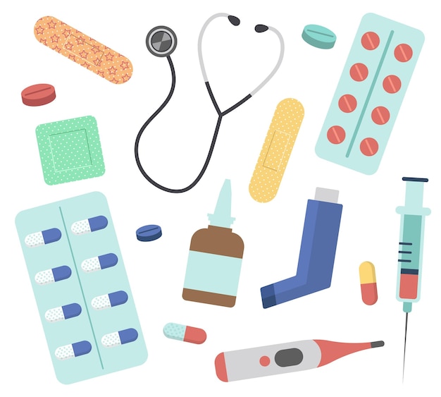 Coleção de Ícones Médicos Isolados Pílulas adesivos Medicamentos Ilustração vetorial em estilo plano
