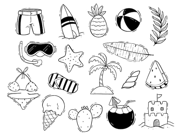 coleção de ícones ou elementos de verão doodle