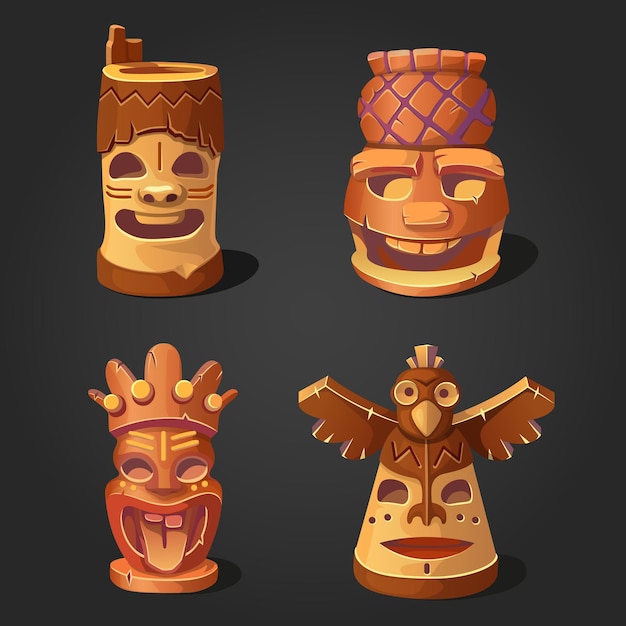 Coleção de ídolos de madeira tiki usados pela tribo