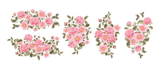 Vetor coleção de ilustração de arranjo de buquê floral rosa pastel de estética vintage rosa e flor