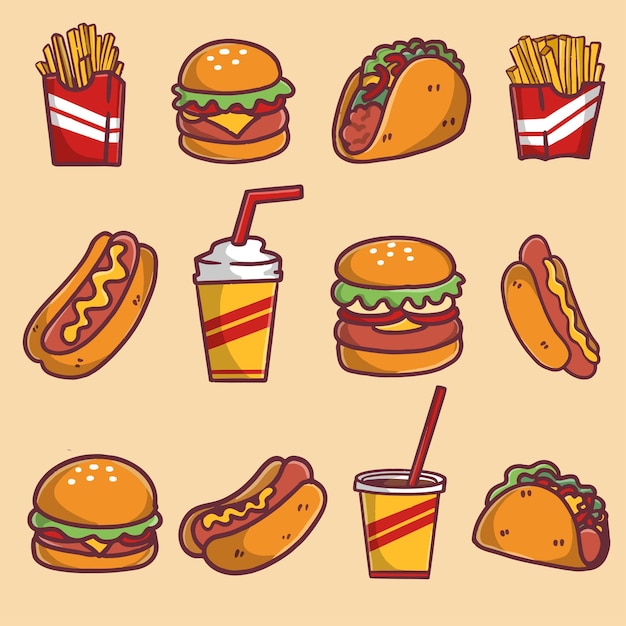 Vetor coleção de ilustração de fast food fresco