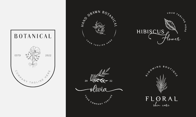 Coleção de ilustração de logotipo botânico floral desenhada à mão para beleza orgânica natural vetor premium