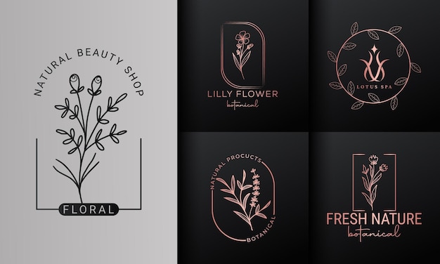 Coleção de ilustração de pacote de logotipo botânico floral desenhado à mão para beleza, natural, vetor premium