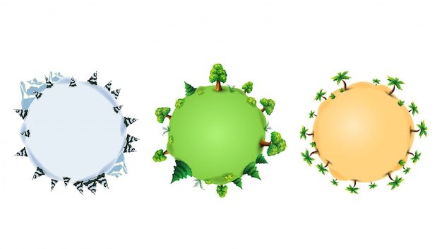 Vetor coleção de ilustrações com os planetas em diferentes épocas do ano. planetas com árvores, pinheiros, palmeiras e arbustos em estilo cartoon.