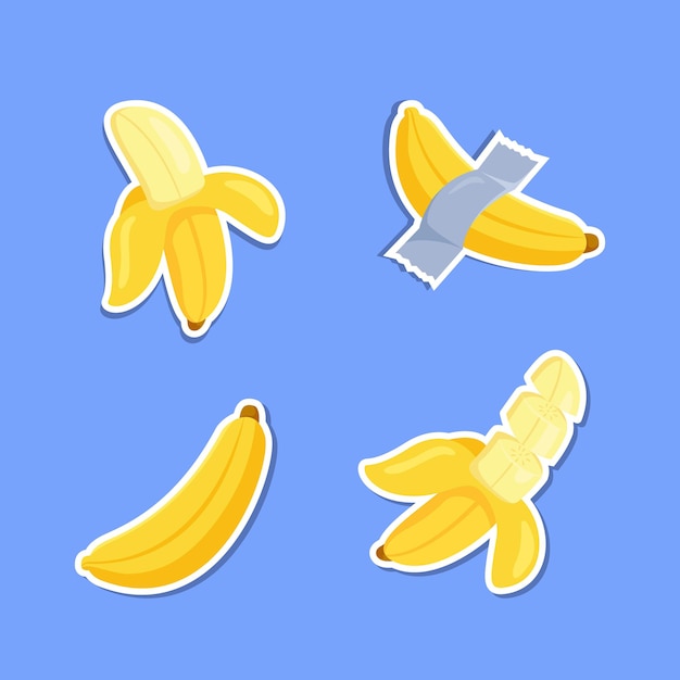 Coleção de ilustrações de banana plana. cachos de bananas frescas isoladas em fundo azul, conjunto de desenhos animados e ilustrações vetoriais planas