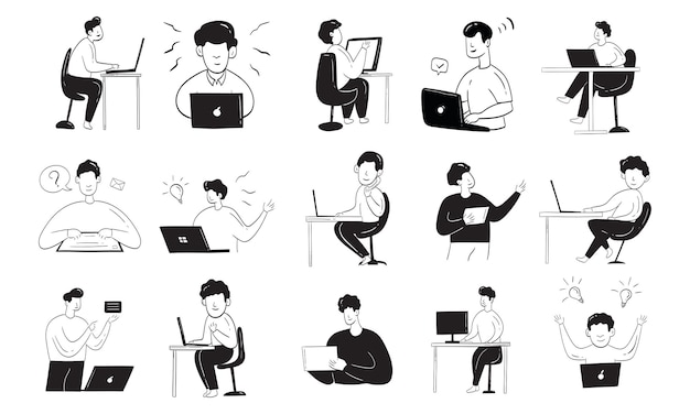 Vetor coleção de ilustrações de homens trabalhando na frente de laptops