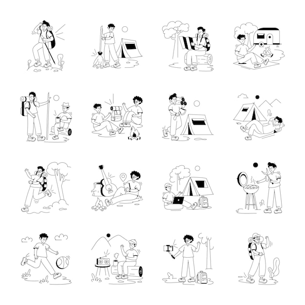 Coleção de ilustrações de linhas divertidas de acampamento