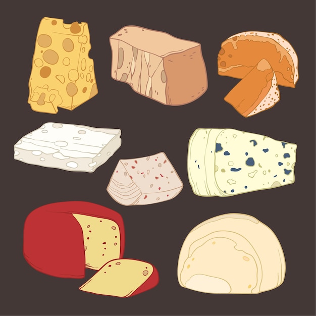 Coleção de ilustrações de queijo desenhadas à mão