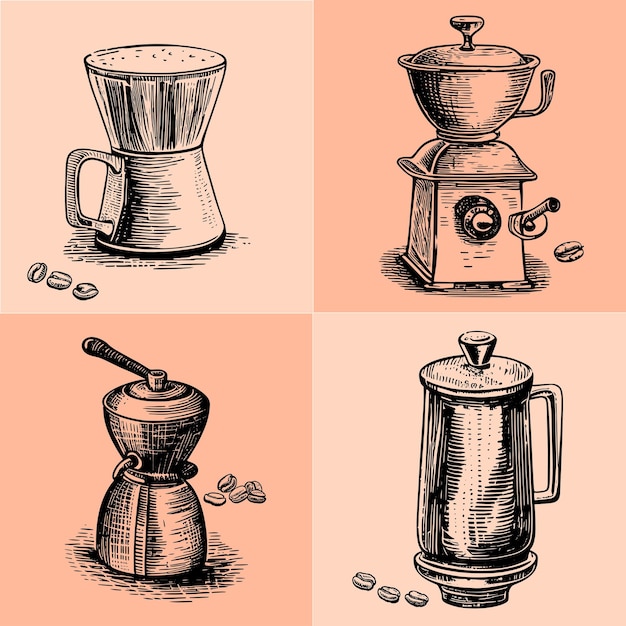 Coleção de ilustrações desenhadas à mão de cafeteiras xilogravura