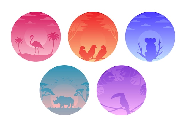 Coleção de ilustrações gradientes circulares com silhueta animal