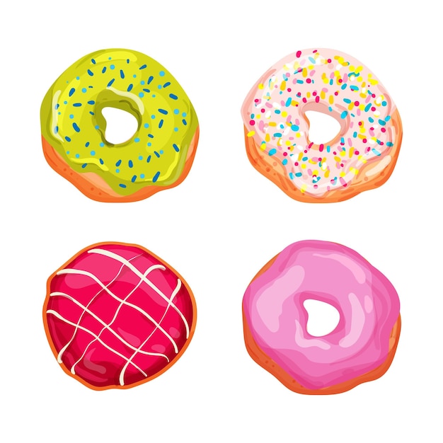 Coleção de ilustrações vetoriais de donuts brilhantes e apetitosos em um fundo branco e isolado