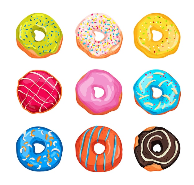 Coleção de ilustrações vetoriais de donuts brilhantes e apetitosos em um fundo branco e isolado