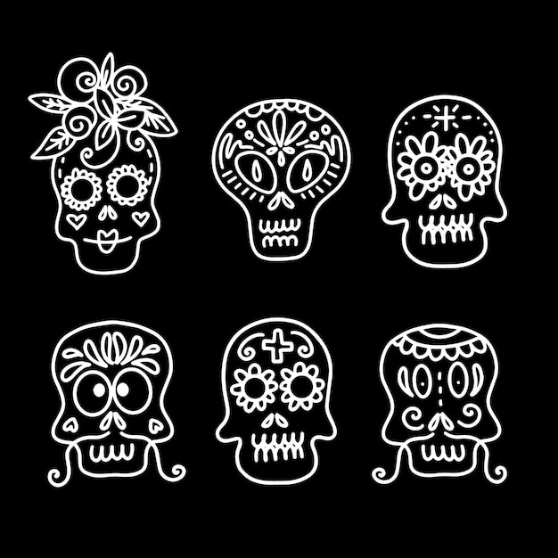 Coleção de ilustrações vetoriais lineares de crânios decorados de diferentes tipos em fundo preto.