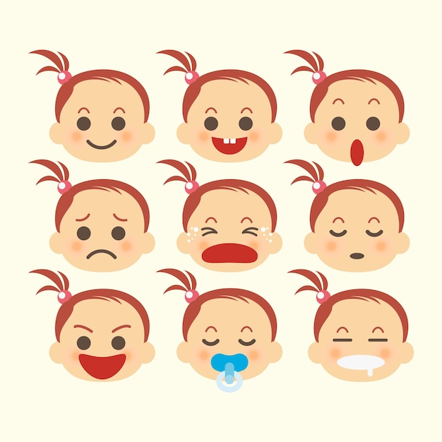 Coleção de ilustrações vetoriais simples de rostos de bebês recém-nascidos de diferentes raças e cores de pele. emoticons de bebê ilustrados como ícones de estilo simples isolados em branco