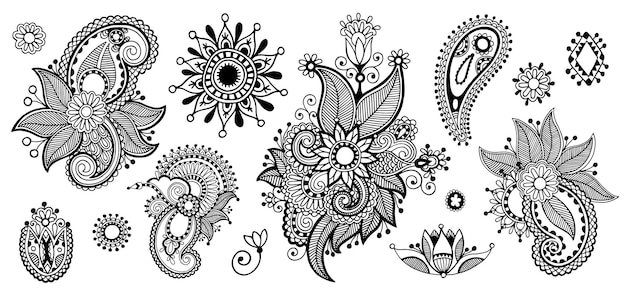 Vetor coleção de imagens lineares pretas em tatuagens de henna de estilo indiano ilustrações vetoriais