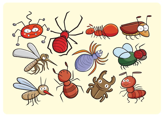 Vetor coleção de insetos engraçados em estilo cartoon