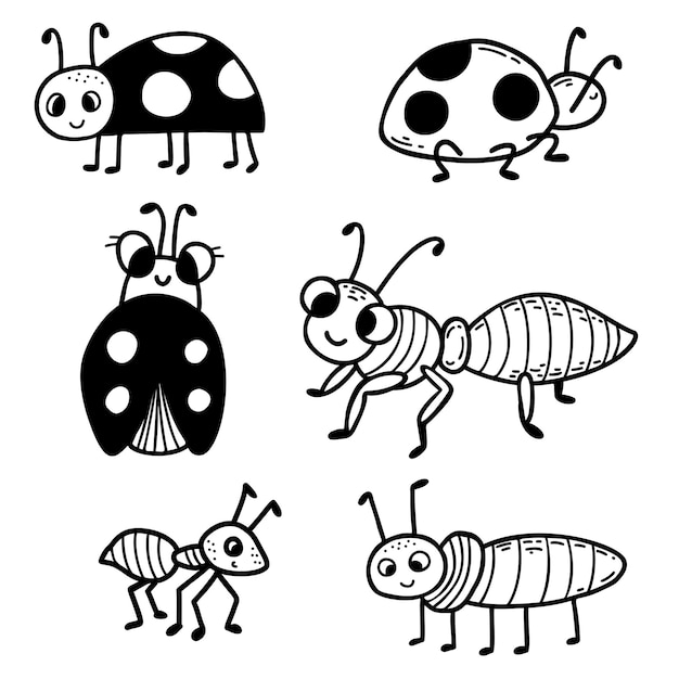 Coleção de insetos fofos joaninha e formigas doodle desenhado à mão linear ilustração vetorial