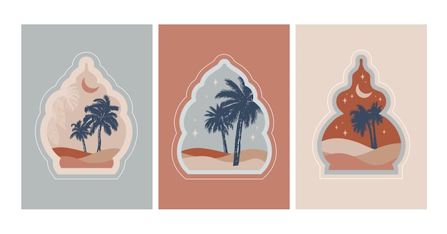 Coleção de janelas islâmicas de estilo oriental, palmeiras, cactos e deserto