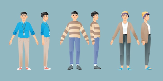 Coleção de jovens do sexo masculino em roupas de estilo diferente da moda em pé, conjunto de escritório de negócios casual personagem de ilustração vetorial isolado