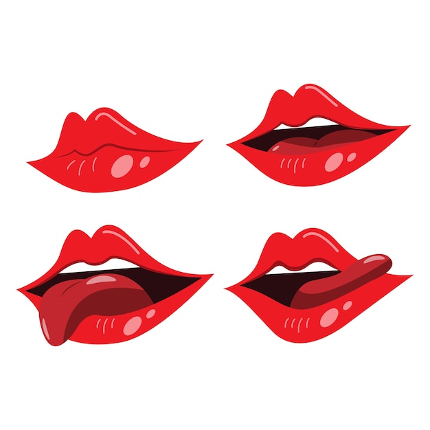 Coleção de lábios vermelhos. ilustração vetorial dos lábios da mulher sexy expressando emoções diferentes, como