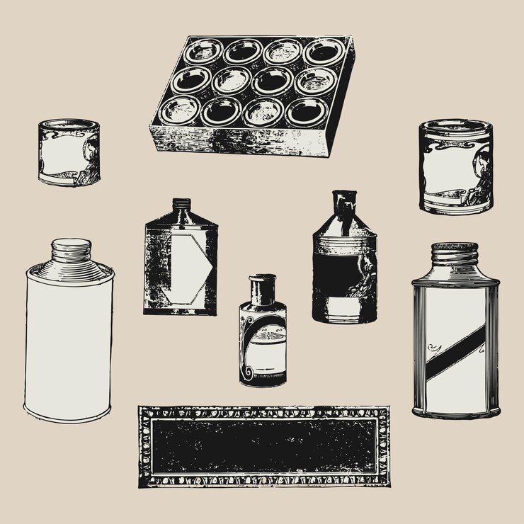 Vetor coleção de latas e garrafas vintage conjunto retro vintage ilustração poster modelo de design vetor