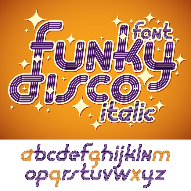 Coleção de letras do alfabeto em itálico funky funky, para uso como elementos de design de pôster retrô para diversão de clube ou publicidade de concerto.