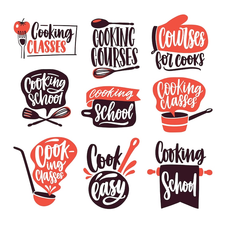 Vetor coleção de letras escritas com fonte cursiva e decorada com panelas, utensílios de cozinha isolados no fundo branco. pacote de aulas de culinária ou logotipos escolares. ilustração em vetor colorido.