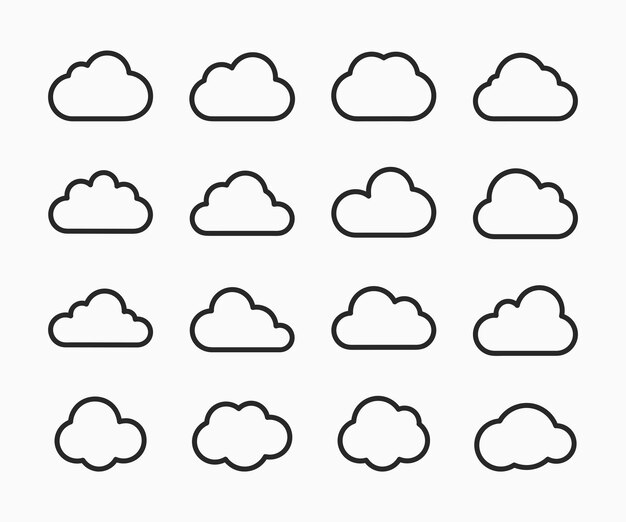 Coleção de linhas de nuvens. coleção de formas de nuvem. símbolos de ícone de arte de linha de nuvens