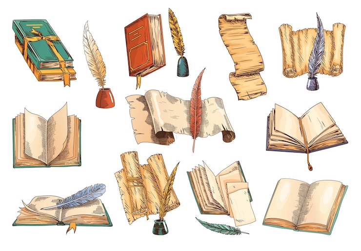 Vetor coleção de livros antigos e penas antigas com frasco de tinta conjunto de símbolo de ícone de educação e sabedoria ilustração vetorial para design de tema de educação e literatura elementos de design de biblioteca vintage