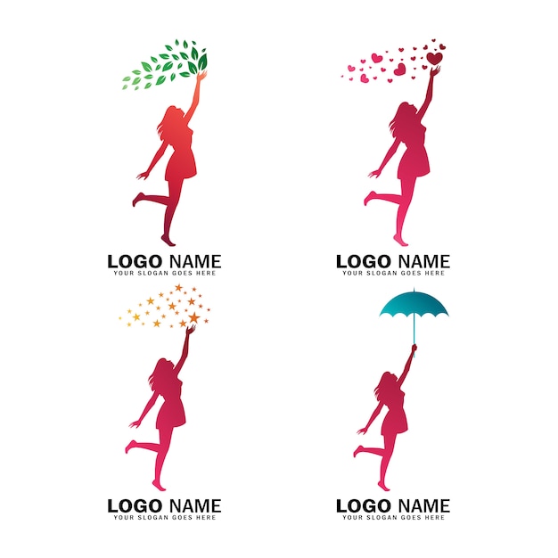 Vetor coleção de logotipo de mulheres alcançando estrela, amor, folha e segurando o guarda-chuva