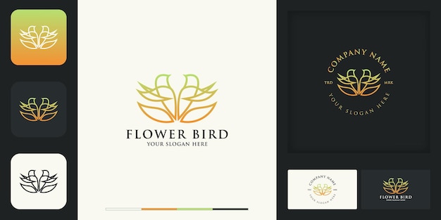 Coleção de logotipo de pássaro de flor e design de cartão de visita