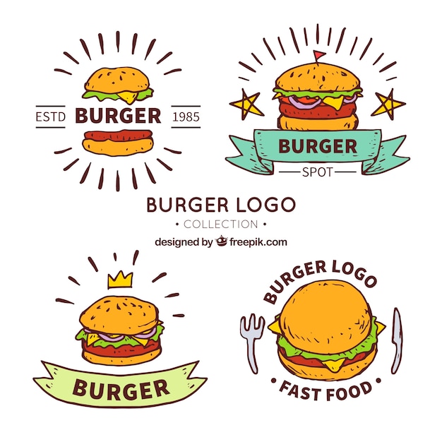 Coleção de logotipos de hambúrguer no estilo hand-drawn