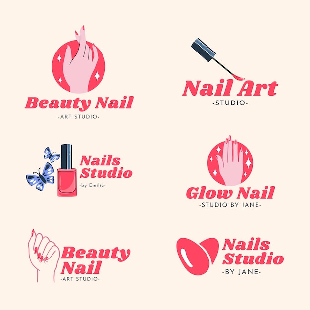 Coleção de logotipos de salão de unhas desenhadas à mão
