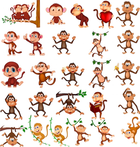 Vetor coleção de macaco feliz dos desenhos animados com diferentes ações