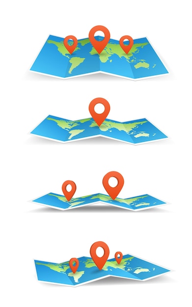 Coleção de mapas geográficos. mapa-múndi dobrável com marca de lugar pinado. dobre o folheto de papel.